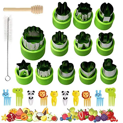 Stück Obst Gemüse Ausstechformen Set mit Komfortgriff, XCOZU Brot Ausstecher für Kinder, Cookie Cutter Plätzchen Ausstecher Edelstahl für Kuchen, Keks, Sandwich(10 Food Picks, Bürste, Stock) 12