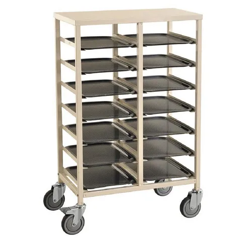 OSWALD Transportgeräte Tablettwagen mit Bremsen - Transportwagen für 14 Tabletts (400 x 300 mm), pulverbeschichtet und mit 4 Lenkrollen (2 mit Bremse), Tragfähigkeit 150 kg – ideal für Gastronomie und Catering.