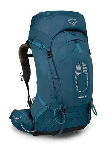 Osprey Atmos AG 50 - Komfortabler Trekkingrucksack in Venturi Blue - Rucksäcke für Trekking und Reisen, mit AntiGravity-Rückensystem für optimalen Tragekomfort und Belüftung. Hergestellt aus 100% recycelten Materialien und inklusive Regenschutz.