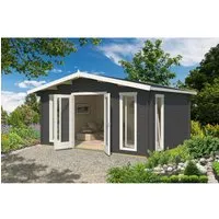 Gartenhaus Outdoor Life Elgin 44 Set Gold mit Fußboden und Isolierglas - Gartenhaus mit Satteldach aus hochwertigem Holz, inklusive isolierendem Glas für ganzjährige Nutzung und optimalen Schutz.