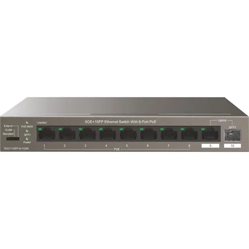 Tenda Teg1110Pf-8-102W - 10-Port PoE Gigabit Desktop Switch - Netzwerk-Switches mit 8 PoE-Anschlüssen für eine Gesamtleistung von 92 W, ideal für die Netzwerkinfrastruktur in Büros und Unternehmen.