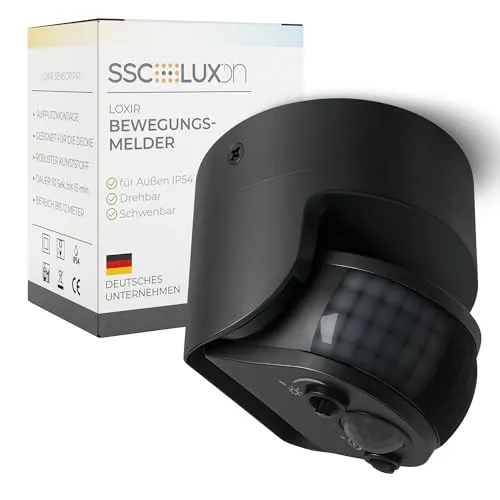 SSC-LUXon LOXIR Bewegungsmelder schwarz IP54 für Decke und Wand drehbar einstellbar - Aufputz Motion Sensor mit 180 & 360 Grad 12m Erfassung