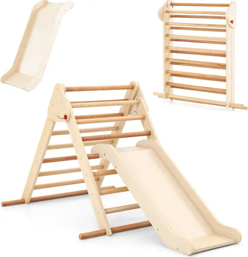 COSTWAY Kletterdreieck 3 in 1 mit Rutsche für Kinder - Erleben Sie sicheres Spielvergnügen mit dem klappbaren Kletterdreieck aus Buchenholz, das eine innovative Rutsche mit speziellen Zonen bietet. Ideal für Kinder ab 1 Jahr und perfekt zur Förderung von Motorik und Koordination.