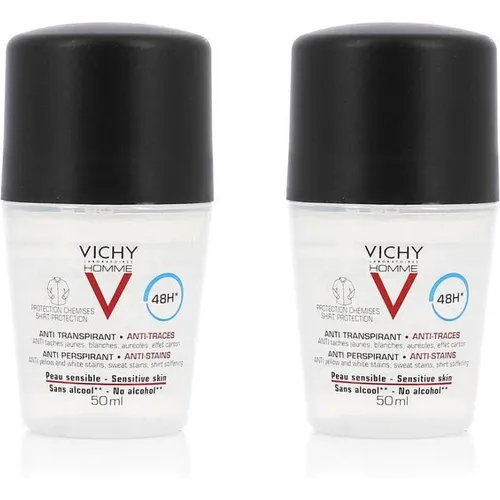 Vichy Homme Deodorant 48h Anti-Transpirant Roll-On Pack - Deos für empfindliche Haut, alkoholfreie Formel mit 48h Schutz, anti-fleckend und angenehm duftend.