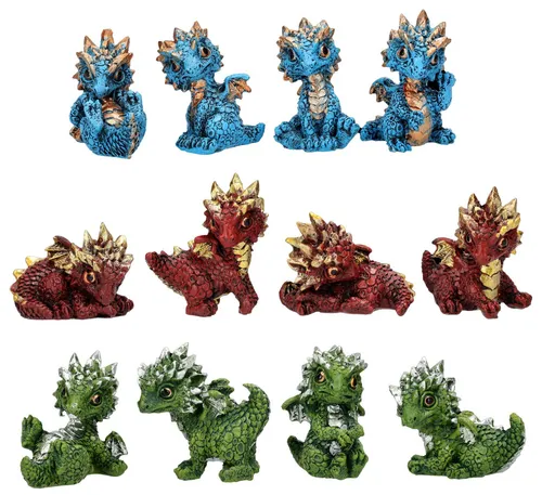 Figuren Shop GmbH Fantasy-Figur Drachenkinder – Bunte Miniatur Drachen (12 Stück) - Entdecken Sie die farbenfrohen Drachenkinder aus hochwertigem Polyresin! Dieses Set aus 12 detailreichen Miniaturfiguren bringt Freude und Kreativität in Ihre Dekoration und ist ideal für Sammler und als originelles Geschenk.