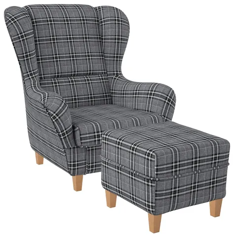 Supellex Sofia Ohrensessel mit Hocker | Design Oxford Grau - Sessel im Landhausstil mit klassischem Karomuster, handgefertigt für hohen Komfort und Langlebigkeit. Ideal für Wohnzimmer und Leseecke.