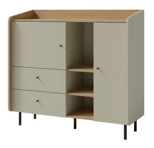 Lomadox Kommode ALAMO-133, grün mit Eiche Nb., 2 Schubladen, 2 Türen, 3 offene Fächer