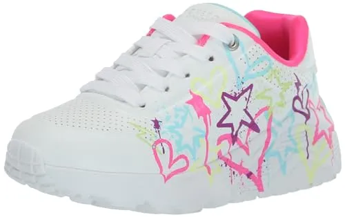 Skechers Uno Lite My Drip 310391L - Modischer Mädchen Sneaker in Weiß/Multi - Sneaker für Mädchen mit buntem Herz- und Sternenprint, ausgestattet mit Skechers Air-Cooled Memory Foam für optimalen Komfort und waschmaschinengeeignet.