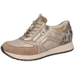 Waldläufer Damen Sneakers Vicky - Sportlich und Stilvoll - Sneaker in Beige mit Leder-Einsätzen und Leo-Print, ideal für Komfort und Stil. Robuste Schnürung plus Reißverschluss für einfaches An- und Ausziehen.