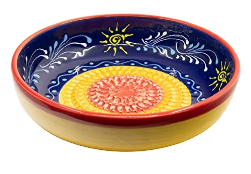 Kaladia - Reibeschüssel/Keramikhobel - ideal zum Gewürze reiben und Servieren von Gerichten - Motiv: Blau mit Sonne - Durchmesser: 19 cm - handgemacht & handbemalt - Made in Spain