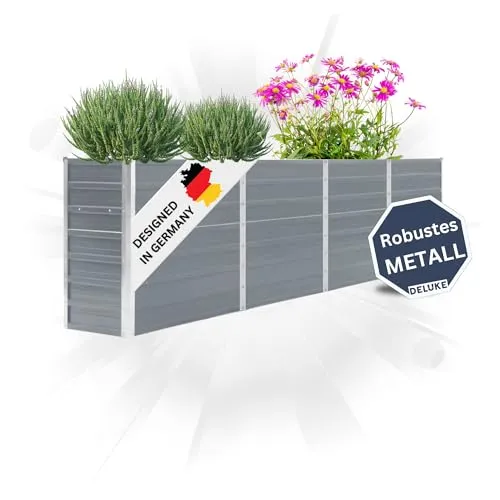 DELUKE Hochbeet für Garten Oskar Grau | 320x40x77cm | Verzinkter Stahl | Wetterfest | Gartenbeet Kräuterbeet Blumenbeet Beet hoch Frühbeet für Garten Gemüsebeet