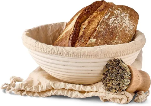 Praknu Gärkorb Gärkorb zum Brotbacken - Aus nachhaltigem Rattan - Rund - 25cm - Set, Aus nachhaltigem Rattan - Geruchsneutral - Mit Backutensilien