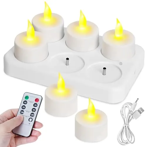 LED Teelichter Wiederaufladbar mit Timerfunction Ladestation, 6er LED Kerzen Flackernde Flamme mit Fernbedienung, für Zimmer, Wohnzimmer, Halloween, Weihnachten, Esstisch, Hochzeiten, Partydekoration