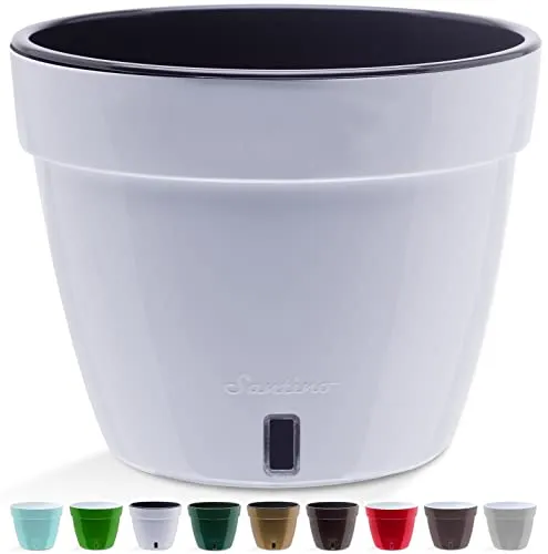 Santino ASTI 30CM Selbstwässernder Blumentopf mit Wasserstandsanzeiger - Rund Premium Qualität Innen Blumentopf für Anlagen, Blumen, Kräuter (Ø 30 cm, H 23 cm, 12L - White/Black)