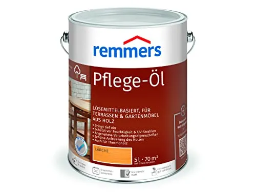 Remmers Pflege-Öl Lärche, 5 Liter - Wetterfestes Holzöl für Innen und Außen - Holzöle – Remmers Pflege-Öl schützt Gartenmöbel und Holzterrassen, ist wasserabweisend und feuchtigkeitsregulierend für langlebigen Wetterschutz.