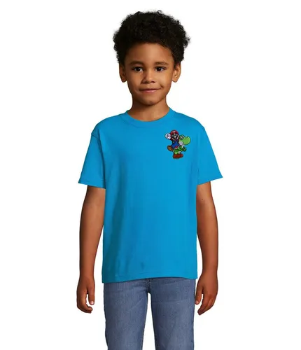 Blondie & Brownie T-Shirt Mario Luigi Yoshi Patch Kinder T-Shirt Retro Gaming Baumwolle Fun tee (Einzelstück, Einzelartikel) Retro Yoshi Abenteuer Patchshirt