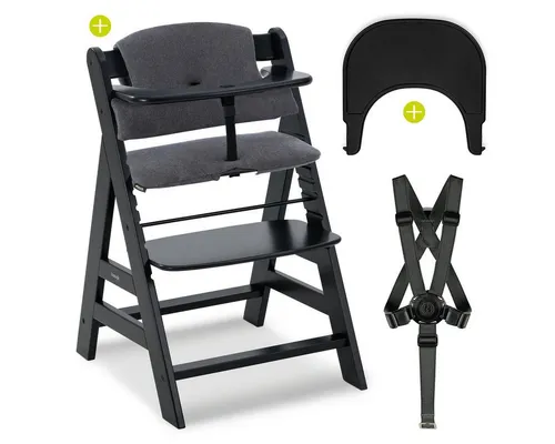 Hauck Hochstuhl Alpha Plus Black, Mitwachsender Kinderhochstuhl mit Essbrett Click Tray & Sitzkissen