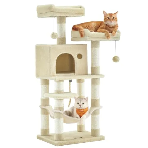 Feandrea Kratzbaum, 112 cm hoch, Katzenbaum mit 11 Kratzsäulen, 2 Plattformen, 1 Katzenhöhle, 1 Hängematte, 2 Plüschbällen, Plüsch, mehrstöckiges Design, beige PCT215M01