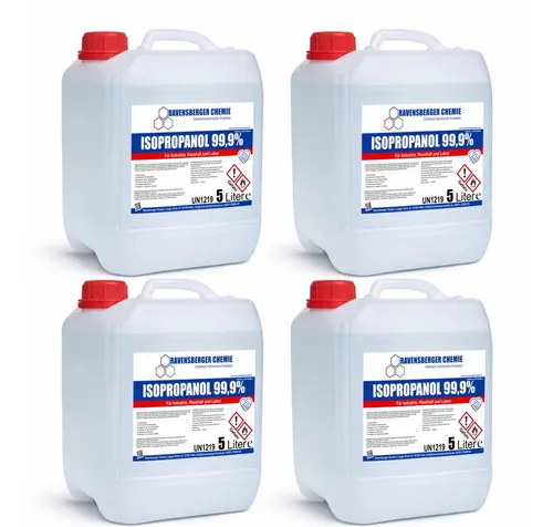 Ravensberger Chemie Isopropanol 99,9% IPA – Hochreiner Reinigungsalkohol für vielseitige Anwendungen (4 x 5 Liter) - ✅ Hochreiner Isopropanol 99,9 % – ideal zum Entfetten und Reinigen von empfindlichen Oberflächen ✅ Schnell trocknend und rückstandsfrei – perfekt für Elektronik, Glas und Werkstattarbeiten.