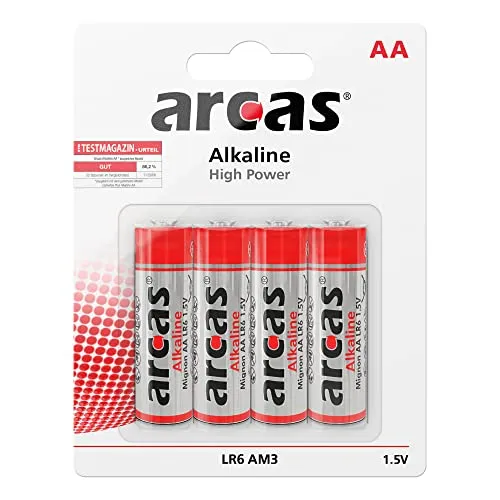Arcas Alkaline AA High Power Batterien 4 Stück - Alkaline Batterien der Baugröße AA mit hoher Kapazität von 2400mAh, ideal für langlebige Energieversorgung von Geräten.