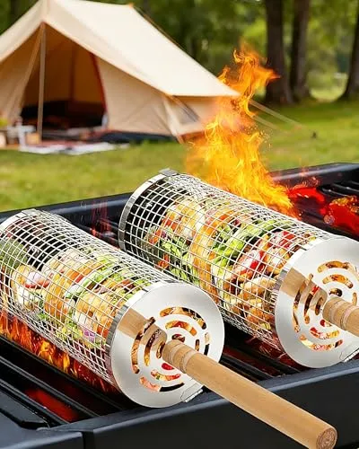 Stück Rollendes Grillkorb Set mit Holzgriff