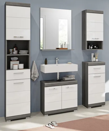 Inn.Furn Badmöbel-Set in Weiß Hochglanz und Grau - Badmöbel-Set Shawn Ge7012-13, 5-teilig mit modernem Design und strapazierfähiger Melaminbeschichtung, individuell anpassbare Türbefestigung für flexibles Styling im Bad.