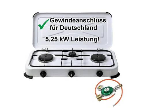 Campingkocher 3-flammig mit Gasschlauch und Manometer
