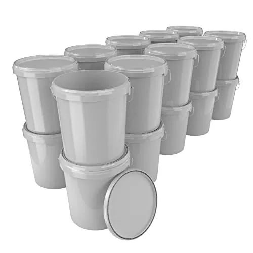 20x Eimer mit Deckel 16 Liter Grau - lebensmittelecht luftdicht und stabil, Leer Eimer mit Griff und Verschluss Deckel für Lebensmittel Chemie Wand Farbe Waschpulver Klebstoffe geeignet