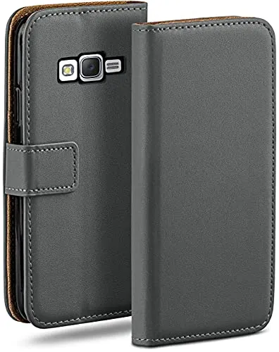 moex Book Case für Samsung Galaxy J5 (2015) Handyhülle mit Kartenfach, Hülle klappbar 360 Grad Schutzhülle, Klapphülle Flip Case Cover, PU Leder Handytasche Lederhülle, Dunkelgrau