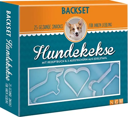 Backset Hundekekse mit Ausstechern und Rezeptbuch - Erstellen Sie 25 gesunde Snacks für Ihren Hund mit diesem Backset, das 3 Ausstecher aus Edelstahl und ein Rezeptbuch enthält. Ideal für kreative Hundebesitzer!