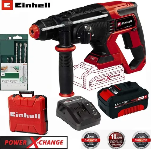 Einhell Akku-Bohrhammer TE-HD 18/20 Li mit Bosch Bohrer Set - Bohrhammer und Meißelwerkzeug in einem! Der Einhell TE-HD 18/20 Li bietet 4 Funktionen, 1,8 J Schlagkraft und ein Bosch 5-teiliges Bohrer-Set für effektives Arbeiten in Beton und Holz.