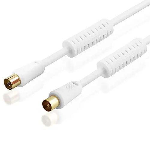 2,5m Antennen-Kabel 75Ohm mit Mantelstromfilter, Koax Stecker männlich auf Koax Buchse Kupplung weiblich vergoldet, geeignet für 3D SD HD FullHD UHD 4K, Weiss