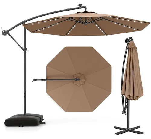 KOMFOTTEU Sonnenschirm Ø 350 cm mit LED-Solar-Beleuchtung und Sandsack