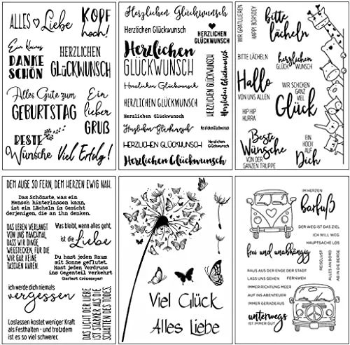 Silikonstempel Sprüche Deutsch Set,6 Blätter Geburtstag Stempel,Clear Stamps Glückwünsche,Tiere Clearstamp Set für DIY Bullet Journal Scrapbooking Fotoalbum Geburtstag Stempelset