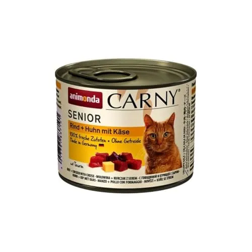 Carny Katzen Nassfutter Senior Rind + Huhn + Käse (6 x 200g), Katzenfutter nass von animonda ohne Getreide und Zucker für Katzen ab 7 Jahren mitfrischen und fleischigen Zutaten