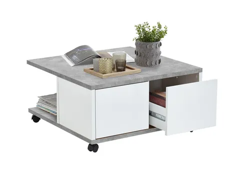 Couchtisch TWIN 1 in Beton LA-weiß Edelglanz - 70x36x70cm - Der Couchtisch TWIN 1 vereint modernes Design mit praktischen Funktionen. Mit zwei Schubladen und einem Einlegeboden bietet er viel Stauraum und fügt sich dank seiner eleganten Optik perfekt in Ihr Wohnzimmer ein.