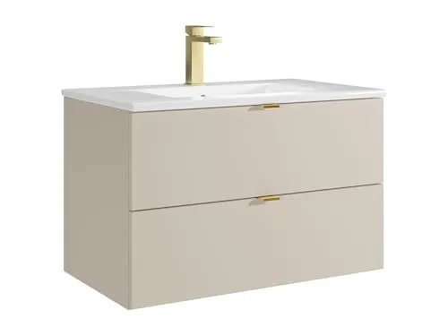 Vente-unique-Hängender Bad-Unterschrank mit Einbauwaschbecken & Armatur – Beige – 80 cm – Lavena