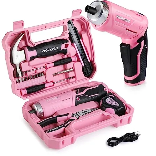 WORKPRO Werkzeugset Rosa pink 18 tlg. mit USB C Akkuschrauber klein, pinker Werkzeugkoffer gefüllt Haushalt, Werkzeugsatz für Heimwerker, Kinder, DIY Bastelei
