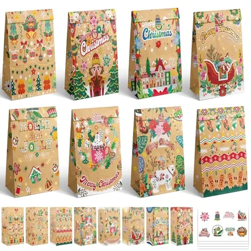 Gcardist Kraft Weihnachts Geschenktüten Mini Braunes Papier Geschenktüte Weihnachts Party Bonbon Snack Tüten mit 32 Aufklebern für Partyzubehör (32 Stück, 12 × 8 × 24 cm)