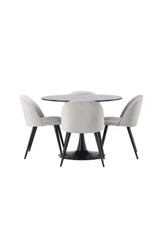 ebuy24 Essgruppe Glade mit Tisch in Schwarz und 4 grauen Velvet-Stühlen - Stilvolles Esstisch-Set mit modernem schwarzen Tisch und 4 komfortablen Samtstühlen. Ideal für jeden Raum, vereint Eleganz und Funktionalität. Hohe Qualität für lange Lebensdauer und täglichen Einsatz.