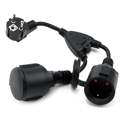 IP44 Doppelstecker für Steckdose, Strom Verlängerungskabel mit 2 Schuko Steckdose, Doppel-Verlängerung, Schutzkontakt Verlängerungskabel, 3 x 1,5 mm², Gummikabel für Haus, Büro, Außenbereich, Schwarz