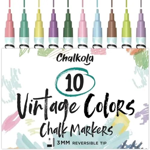 Chalkola Vintage Kreidestifte für Tafel Abwaschbar - 10 Kreidemarker Pastell 3mm Umkehrbare Spitze - Kreide Stift für Fenster, Tafel und als Glasstift. Chalk markers für Erwachsene & Kinder