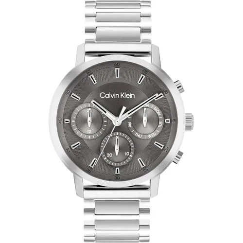 Calvin Klein Gauge Herren Quarz Uhr mit Edelstahlarmband - Elegante Multifunktionsuhr für Herren mit 41 mm Edelstahlgehäuse, gebürstetem grauen Zifferblatt und wasserdicht bis 3 ATM – ideal für stilbewusste Männer.