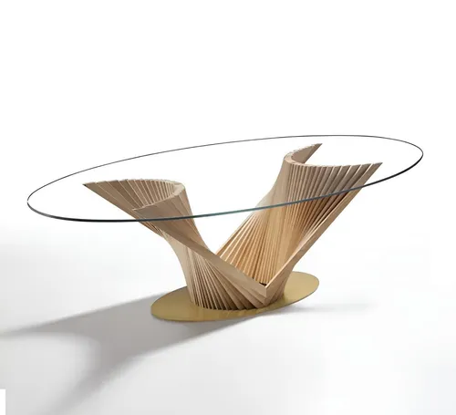 Eleganter Esstisch aus Holz mit Glasplatte - Moderner Esstisch mit geschwungener Holzstruktur und ovaler Glasplatte. Ideal für stilvolle Esszimmer, sorgt für ein einladendes Ambiente mit großzügigen Abmessungen.
