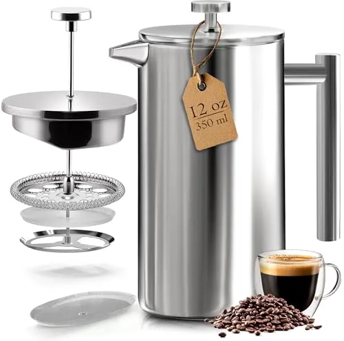 KICHLY Französische Presse Kaffeebereiter 12 Oz - 350 ml - Hochwertige Kaffeepresse für 1-2 Tassen, ideal für Zuhause oder Camping. Mit doppelter Stahlwand für Langlebigkeit und einfacher Reinigung. Perfekt für aromatischen Kaffee ohne Rückstände.