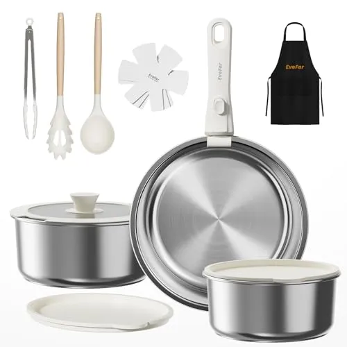 EvoFar Edelstahl Topfsets Pfannenset 14-Teilig, Kochgeschirr Set ohne Beschichtung mit abnehmbarem Griff, 24 cm Pfanne, 18/20 cm Töpfe, stapelbar, für alle Herdarten, spülmaschinenfest, ofenfest