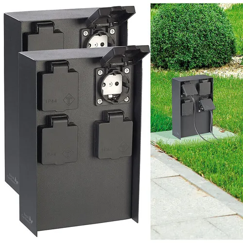 2er-Set 4-fach-Garten-Steckdosen, 230 V, 3.680 W, Edelstahl, schwarz