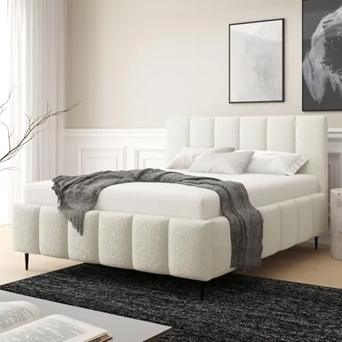 Home Collective Polsterbett Bett Doppelbett mit Bettkasten Bettgestell mit Lattenrost 140x200 160x200 180x200 weich gepolstert modernes Design Schlafzimmer Jugendzimmer Möbel | Creme 140x200