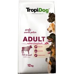 TROPIDOG Premium Adult Hundefutter für mittelgroße & große Rassen - 12kg Rindfleisch & Reis Futter für erwachsene Hunde, reich an hochwertigen Proteinen für gesunde Muskeln und vitalen Lebensstil.