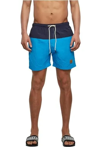 Urban Classics Herren Block Swim Shorts – Badeshorts mit Kordelzug & Taschen, schnelltrocknend, ideal für Strand, Pool & Urlaub,NVY/Tur,S